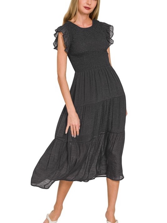 Zenana Outfitters Dresses & Skirts - NWT Zenana Black Woven Smocked Ruffle Sleeve Midi Dress